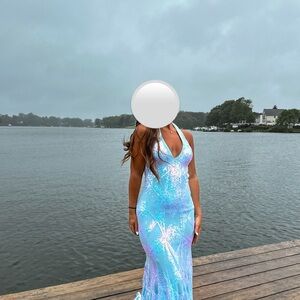 Jovani Iridescent Blue Sequin Halter Prom Dress